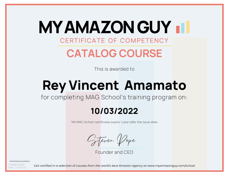 My Amazon Guy Certificate of Competency — Catalog Course — Rey Vincent Amamato