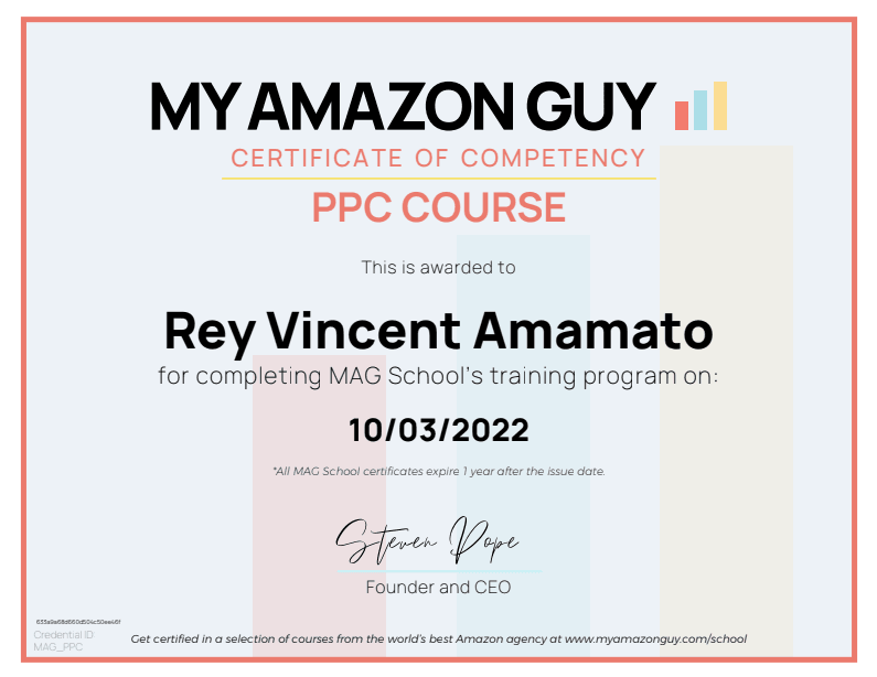 My Amazon Guy Certificate of Competency — PPC Course — Rey Vincent Amamato