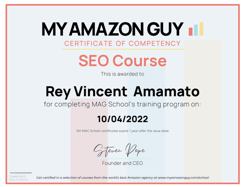 My Amazon Guy Certificate of Competency — SEO Course — Rey Vincent Amamato